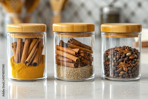 Fototapeta Naklejka Na Ścianę i Meble -  Three glass spice jars with bamboo lids, filled with cinnamon sticks, turmeric powder, and other spices