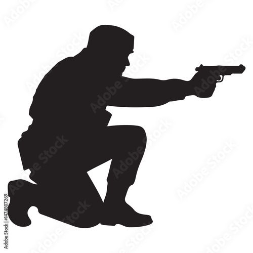 A crouching military army soldier or police swat man or person aiming a gun or handgun or pistol weapon silhouette shadow. War troops icon or symbol Vector Black silhouette. with white background