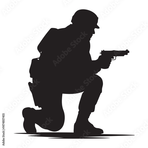 A crouching military army soldier or police swat man or person aiming a gun or handgun or pistol weapon silhouette shadow. War troops icon or symbol Vector Black silhouette. with white background
