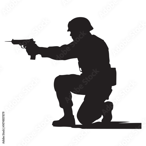 A crouching military army soldier or police swat man or person aiming a gun or handgun or pistol weapon silhouette shadow. War troops icon or symbol Vector Black silhouette. with white background