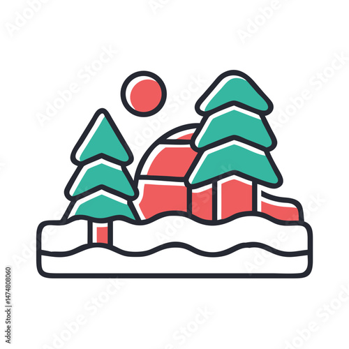 Flat vector illustration of a snowy tundra scene featuring pine trees, an igloo, and a red sun, symbolizing arctic wilderness or cold climate.
