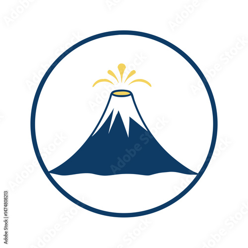 Minimalist icon of a volcano erupting with ash and lava inside a circle, representing geology, natural hazards, or warning signs.
