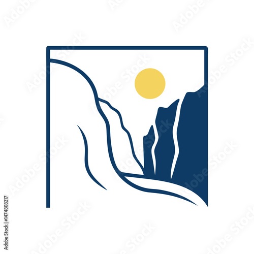 Minimal vector illustration of a scenic mountain valley with steep cliffs and a sun, symbolizing nature, travel, and serenity.
