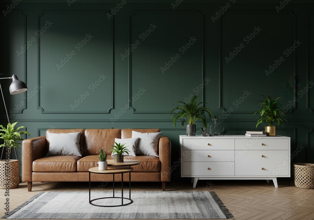 Obraz premium Living room with brown leather sofa white dresser and plants against dark green paneled wall decor design