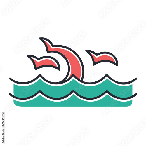 Flat vector-style illustration of dolphins leaping out of stylized ocean waves, representing marine life, freedom, and oceanic nature.
