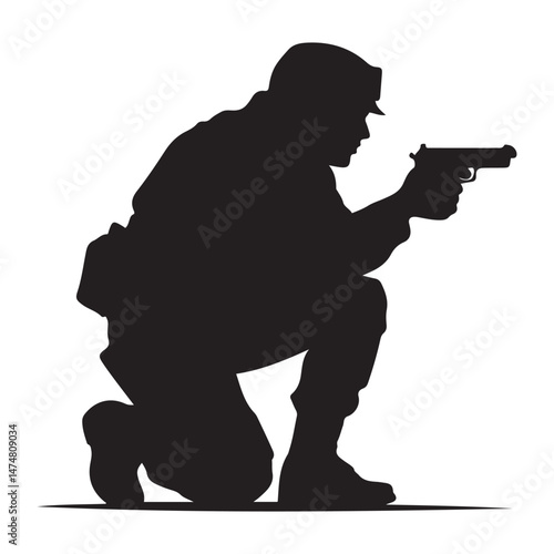 A crouching military army soldier or police swat man or person aiming a gun or handgun or pistol weapon silhouette shadow. War troops icon or symbol Vector Black silhouette. with white background