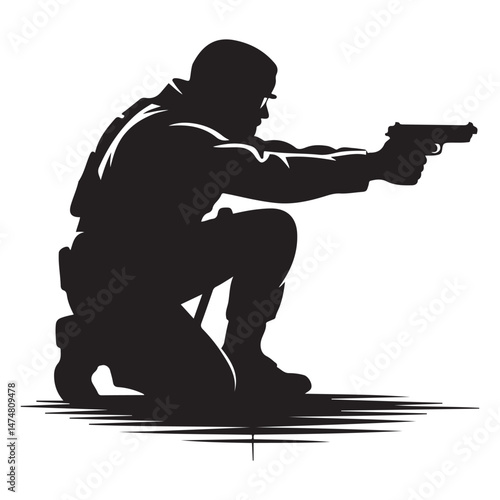 A crouching military army soldier or police swat man or person aiming a gun or handgun or pistol weapon silhouette shadow. War troops icon or symbol Vector Black silhouette. with white background