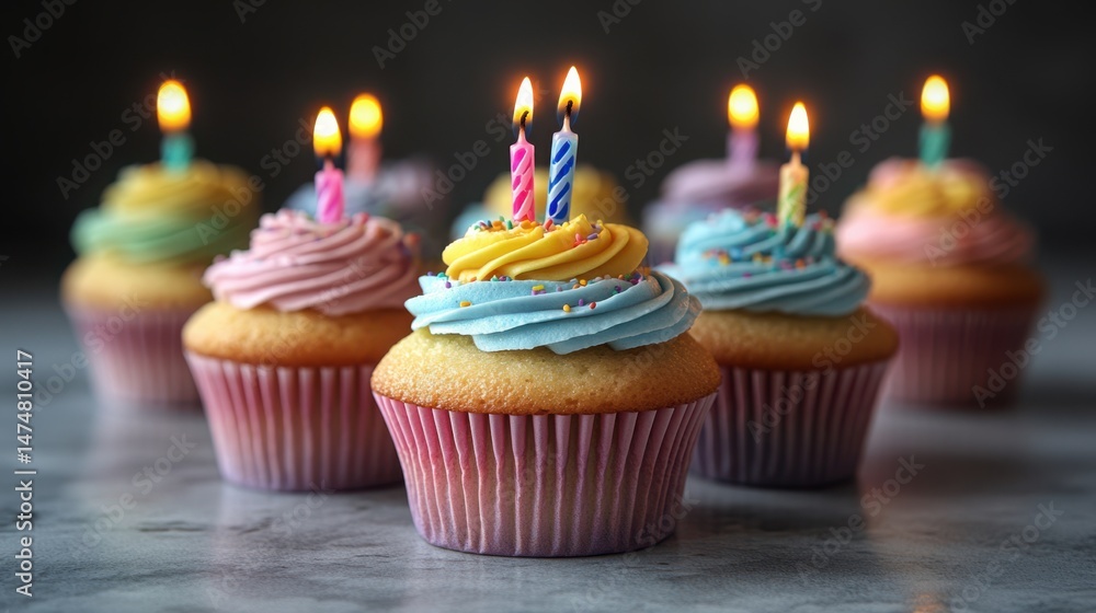 Festive Dessert Display - Centered row of colorful cupcakes with lit multicolor candles, pastel frosting swirls, and rainbow sprinkles Festive Dessert Display - Centered row of colorful cupcakes with lit multicolor candles, pastel frosting swirls, and rainbow sprinkles