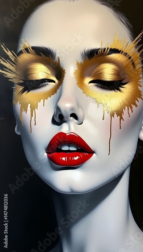 Artistic Makeup Portrait With Metallic Gold and Crimson Lips