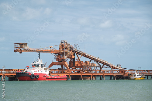 Ship loader, Weipa Queensland, industrial export coal bauxite mining, marina port naval transport