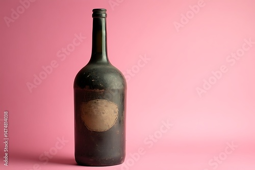 Aged wine bottle against pink backdrop