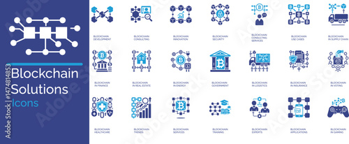 Minimalist blockchain solutions icon set with flat design and solid colors. Perfect for fintech, crypto, digital assets, smart contracts, and decentralized technology projects.
