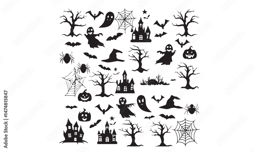 Obraz premium Halloween vector silhouettes spooky ghost pumpkin bat spider witch haunted house collection for graphic 