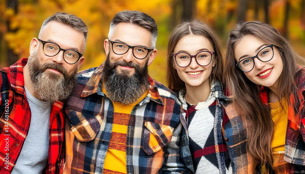 Happy family portrait wearing eyeglasses in autumn outdoors Happy family portrait wearing eyeglasses in autumn outdoors