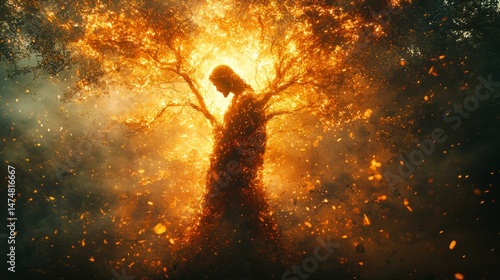 A symbolic image of Jesus as a tree with branches reaching toward the sky, surrounded by rays of light and abstract shapes, representing growth, love, and spiritual connection