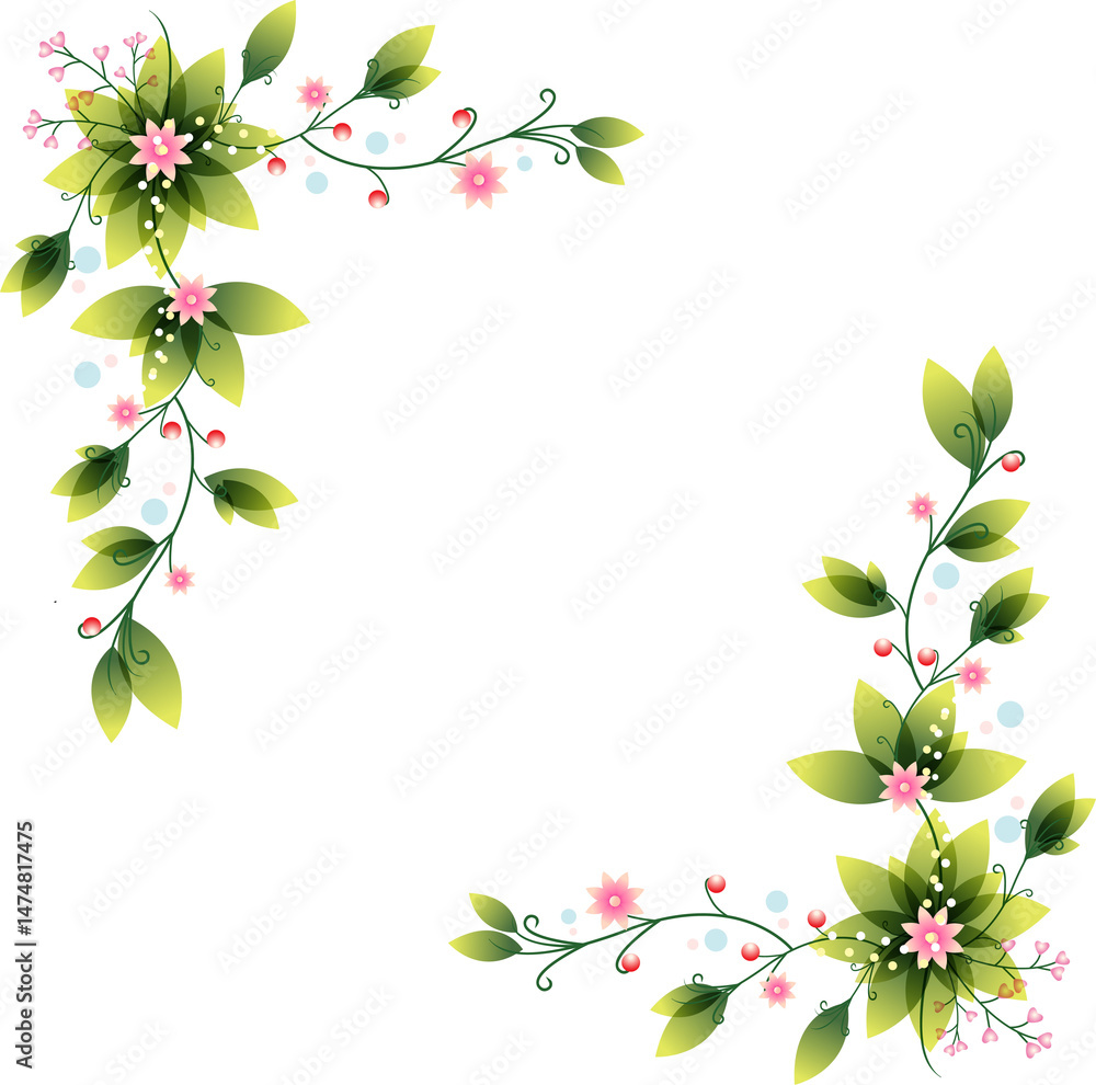 Fototapeta premium Corner Floral Design with Leaves, Flowers, and Berries
