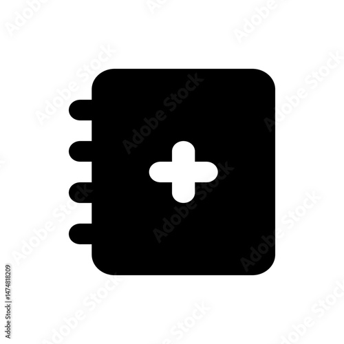 Black medical notebook with rounded corners and a white plus sign in the center representing health care