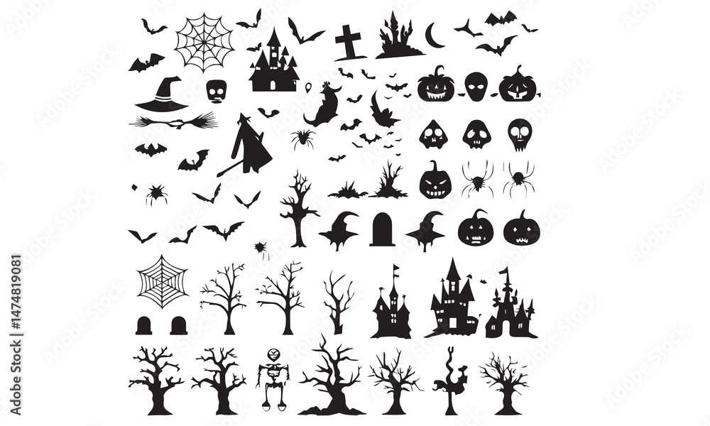 Naklejka premium Halloween vector silhouettes spooky ghost pumpkin bat spider witch haunted house collection for graphic 