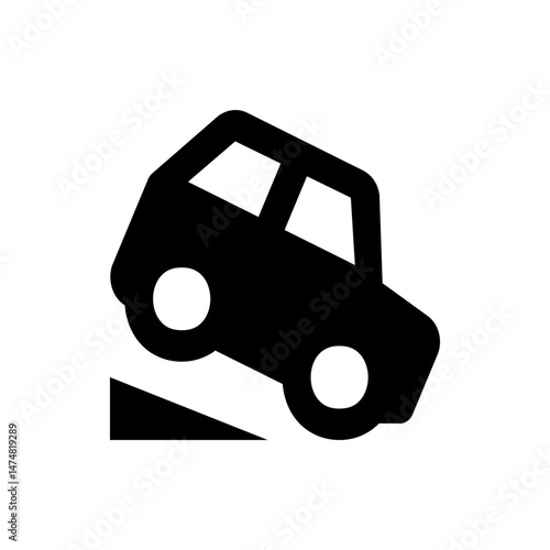 Illustration of a black car with two windows and two wheels driving down a hill on a white background