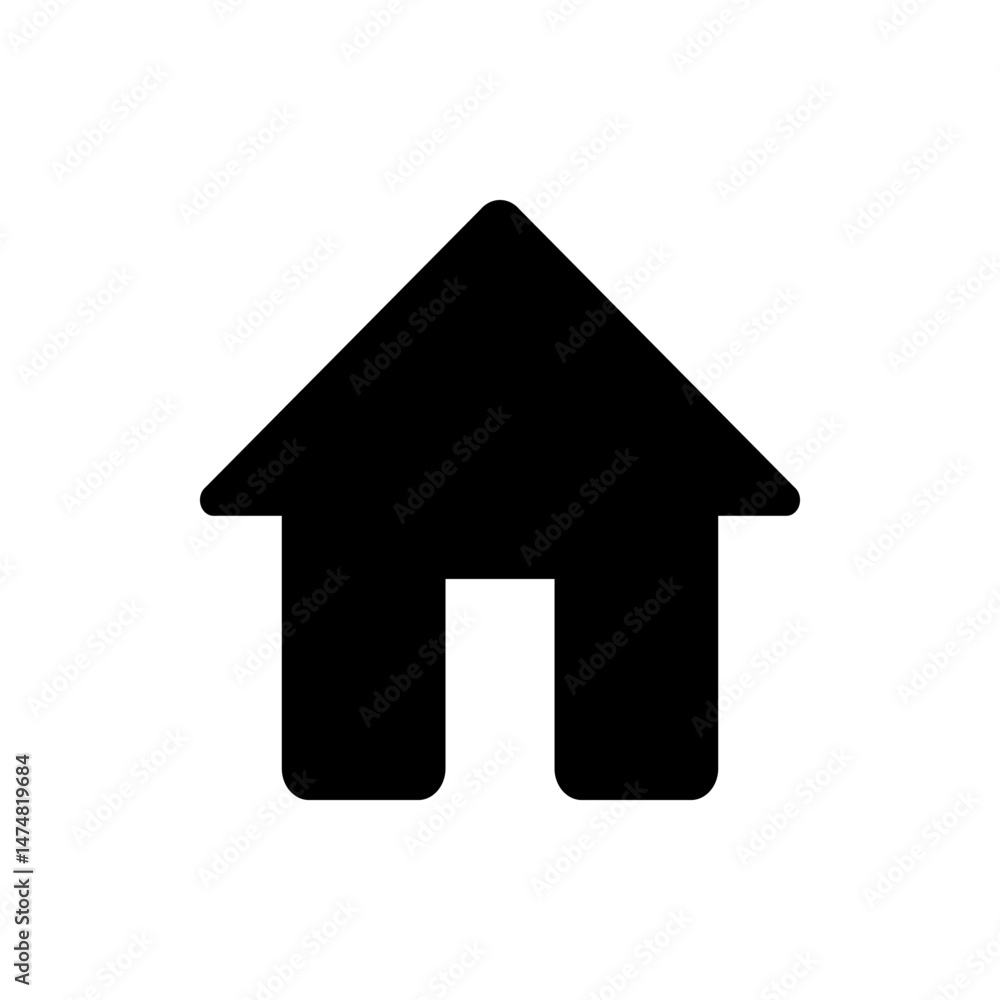 Illustration of a simple black house icon with a pointed roof and a white doorway in the center view Illustration of a simple black house icon with a pointed roof and a white doorway in the center view