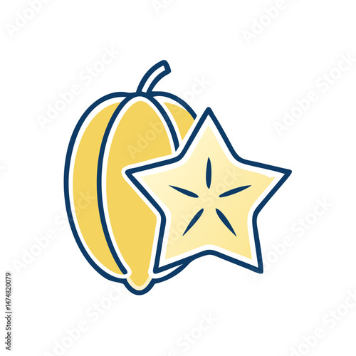 Clean and colorful illustration of a whole starfruit and star-shaped slice, ideal for tropical food, health, or summer-themed designs.
