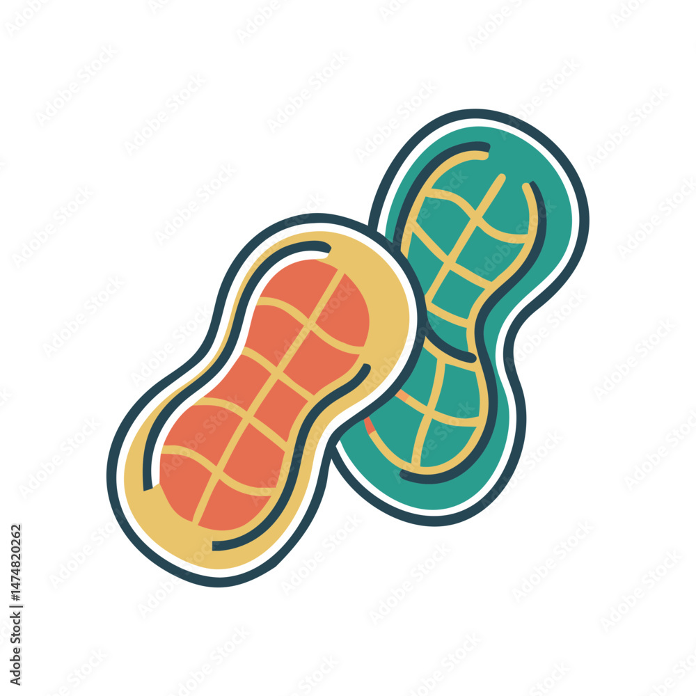 Vector drawing of two peanuts in stylized shells, one in orange and one green, perfect for snacks, nuts, and food graphics.

