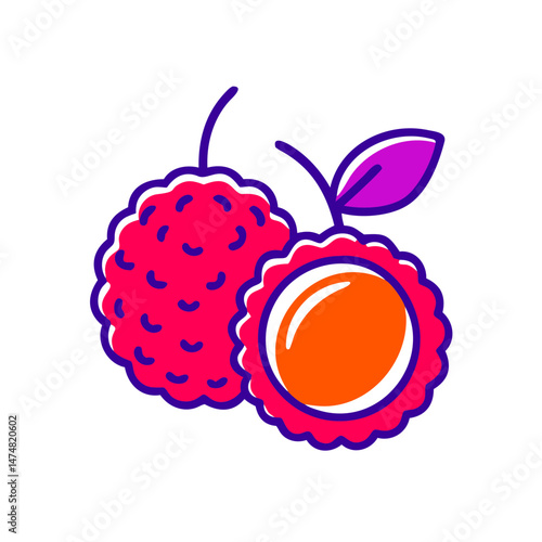 Colorful vector illustration of whole and peeled lychee fruit with vibrant colors and leaf, ideal for tropical and exotic food themes.
