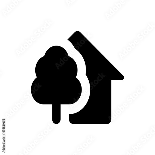 Illustration of a house silhouette with a tree silhouette next to it in a simple black and white design