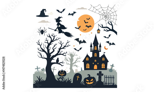 Halloween vector silhouettes spooky ghost pumpkin bat spider witch haunted house collection for graphic 