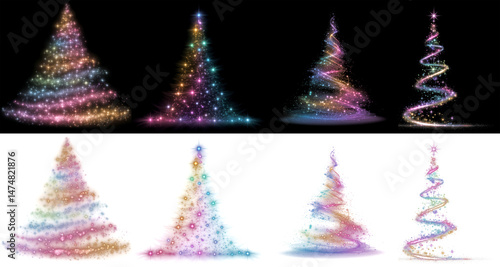 Rainbow aurora sparkles arranged in the shape of Christmas trees, glowing multicolor festive silhouettes in 8 styles, isolated on transparent background, ideal for holiday design, greeting cards