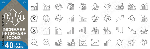 Increase decrease icons set. Pack growth, decline, upward, downward arrows, charts, market trends, profit, loss symbols business, finance, data analytics and more. Vector illustration