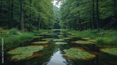 Serene forest waterway.  Calm, tranquil water reflecting lush greenery.  Water lilies dot the surface of a narrow waterway.  Trees line both sides of the tranquil scene