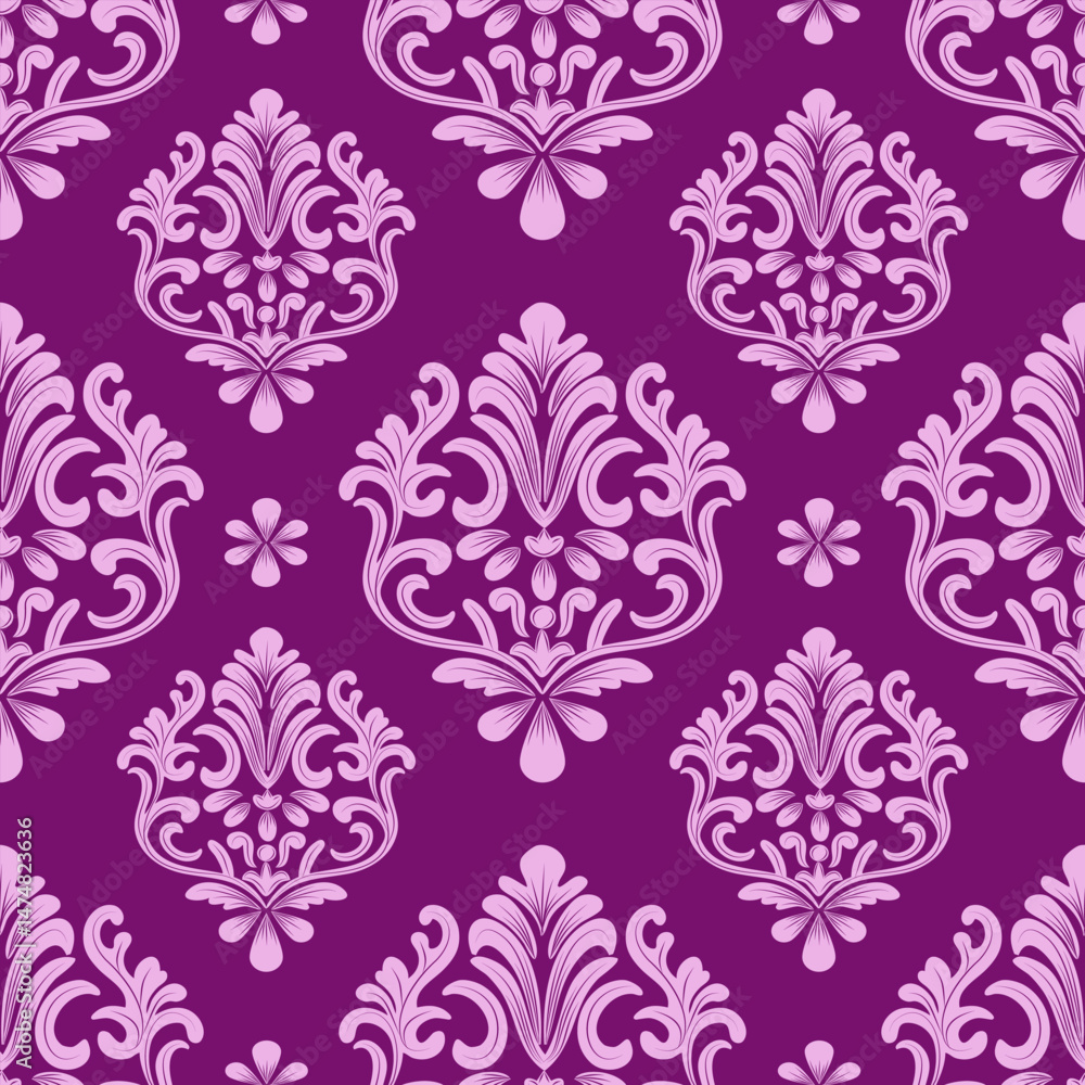 Fototapeta premium Damask seamless floral pattern, pink abstract floral, purple background, vintage design, vector illustration elegant for textile, wall paper, bedding, curtains, cushion cover, rug, scarf, luxury style