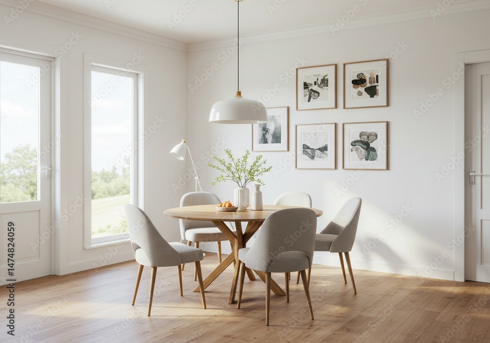 Fototapeta premium A bright dining room with a round table surrounded by chairs and artwork on the wall in a home