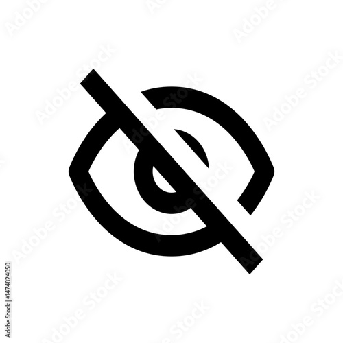 Eye icon with a diagonal line through it representing hidden or private state in black and white design style