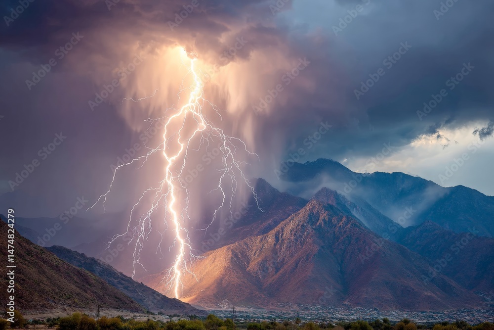Fototapeta premium Dramatic lightning strikes over a mountain landscape during a thunderstorm near a desert region at dusk