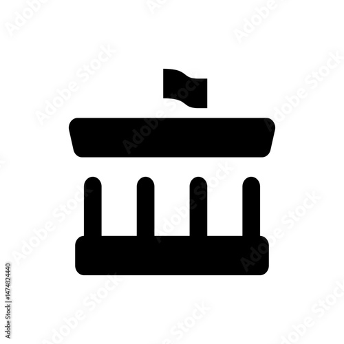 Illustration of a government building with a flag on top and columns in a simple black and white style design
