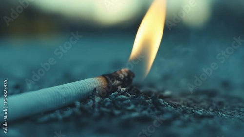 A cigarette butt glows as it burns, surrounded by ashes on a darkened surface at dusk