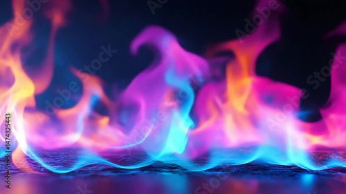 Blue and purple flames flicker and swirl against a dark backdrop, showcasing their vibrant colors and mesmerizing movement