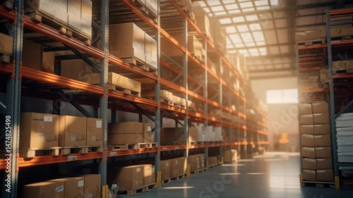 Spacious modern warehouse interior showing organized rows of shelves with boxes.
