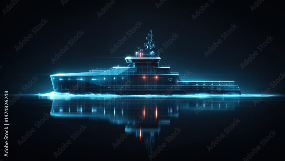 Fototapeta premium Ship Blueprint Outline Digital Rendering Reflected on Water