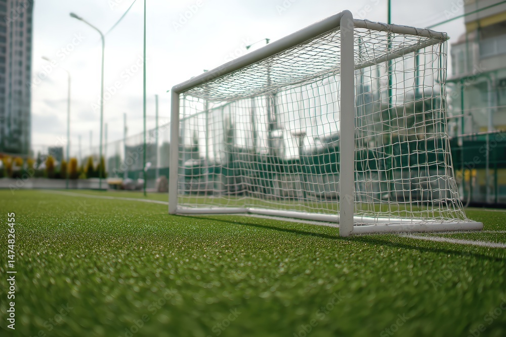Naklejka premium Empty soccer goal on artificial turf field.