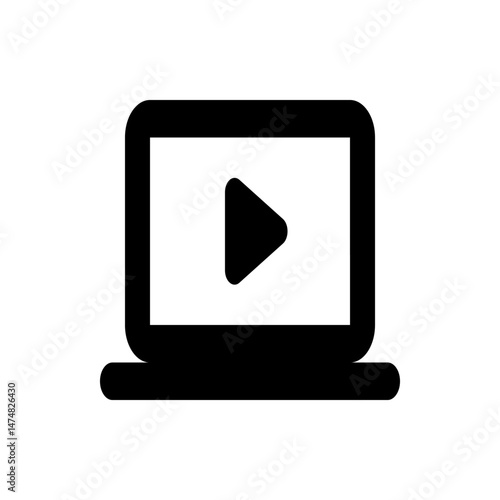 Black laptop icon with a play symbol in the center of the screen displaying video content online now here