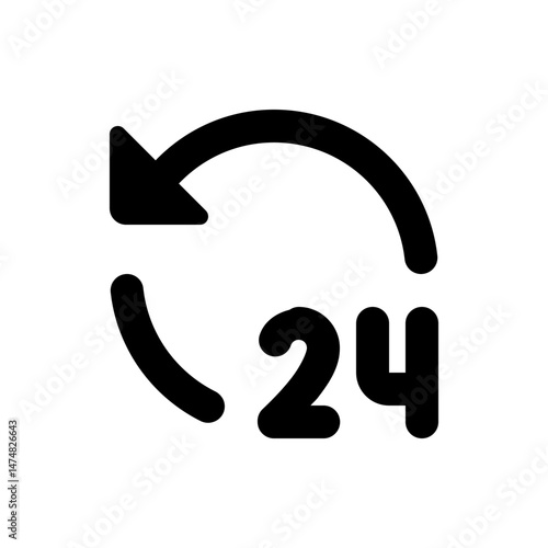 Black and white icon depicting a twenty four hour service availability with a circular arrow symbol
