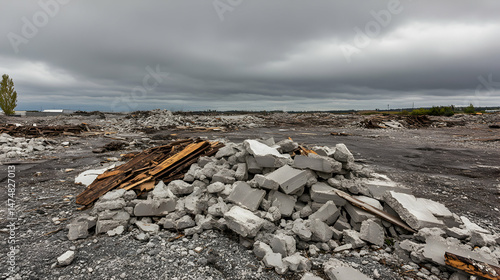 Demolished concrete debris piles up across damaged terrain site cleanup
