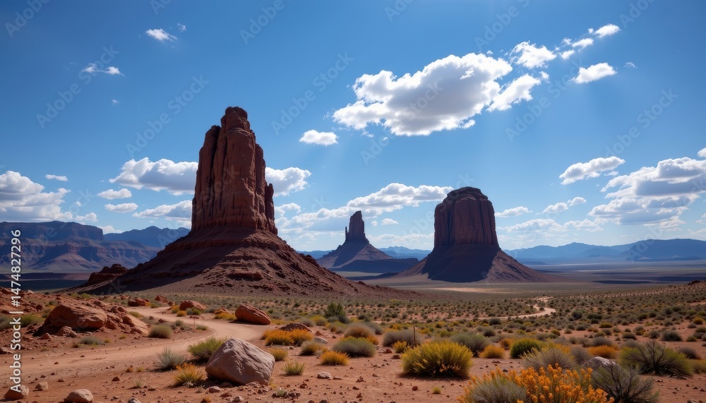 Naklejka premium a desolate landscape, where towering rock formations stood sentinel against a cloudless azure canvas of the heavens, a stark contrast between life and death, beauty and desolation.