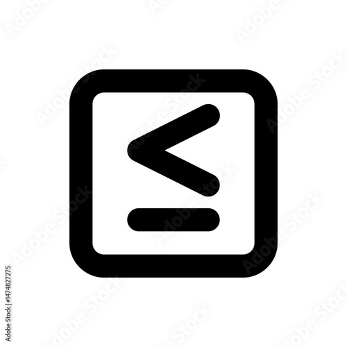 Black less than or equal to symbol inside a rounded square shape on a white background illustration