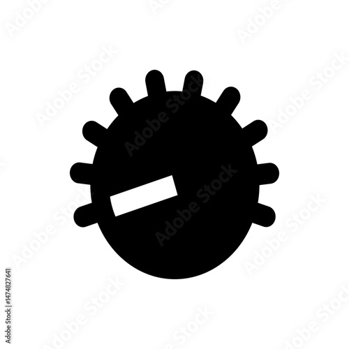 A black round object with protruding rounded shapes and a white rectangle on the surface isolated on white