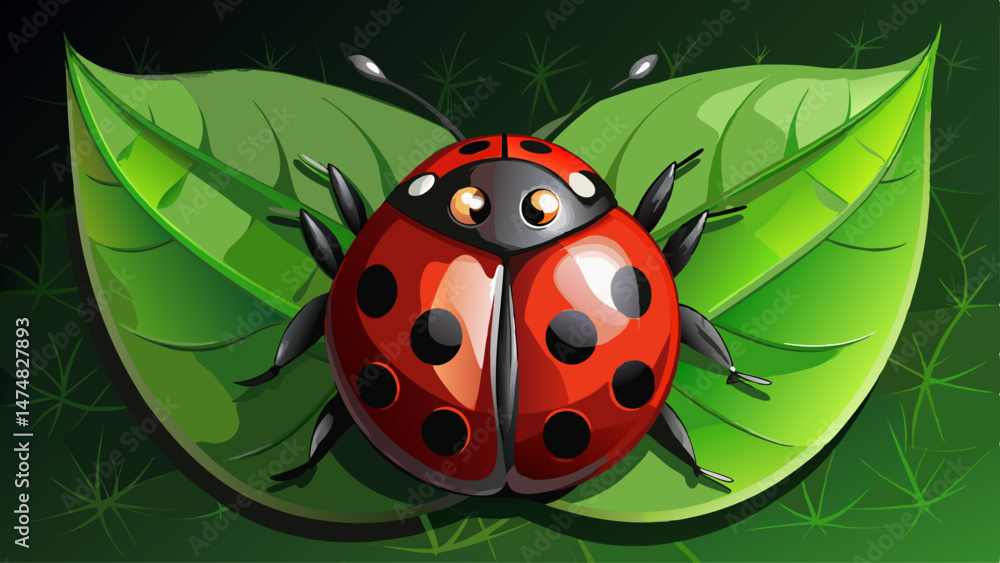Fototapeta premium A close-up photo of a red and black ladybug on a green leaf with a dark background