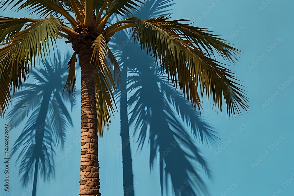 Fototapeta premium Tropical beach with palm trees sways gently by the ocean under a sunny sky
